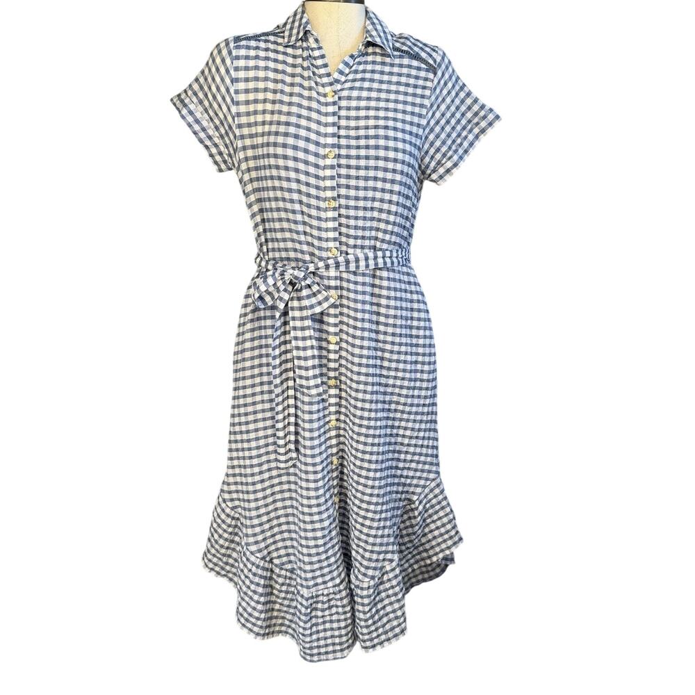 Maeve for Anthropologie Blue Gingham Finley Tie Belt Shirt Dress XS Coastal NWT